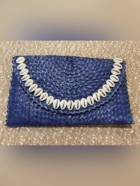 Handwoven Navy Shell-Trim Clutch